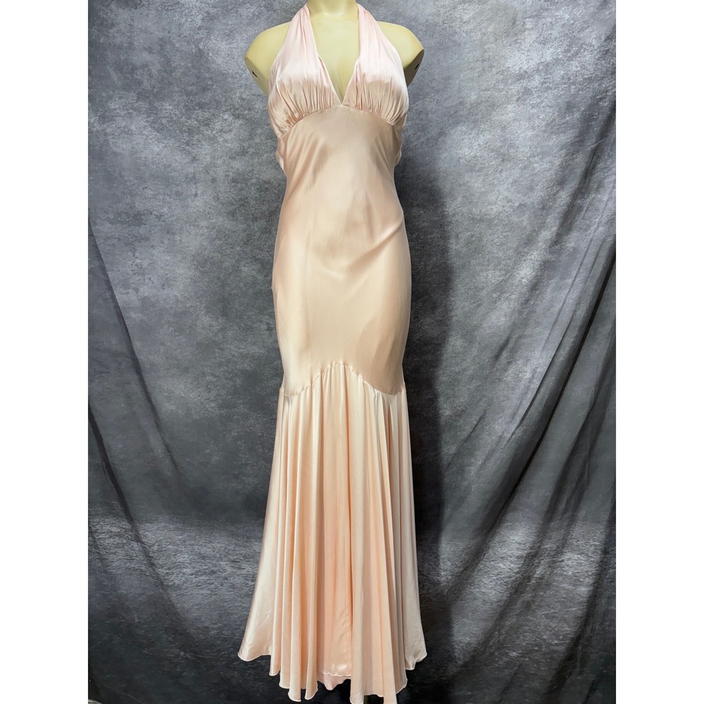 Cache 100% Silk Pink Satin Halter Maxi Dress Mermaid Gown Size 6 Tie Back Y2K